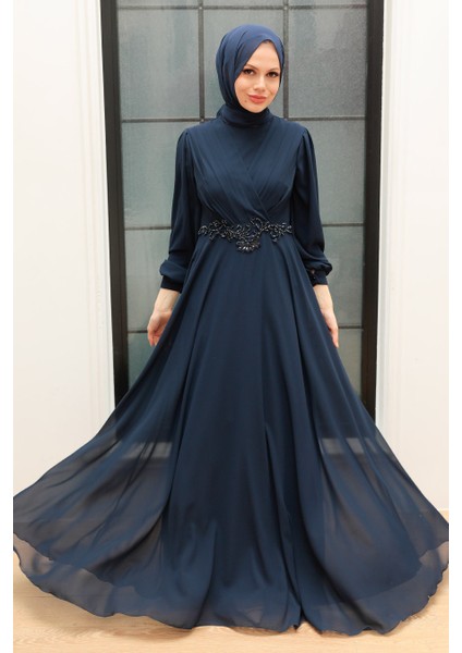 Dantel Detaylı Lacivert Tesettür Abiye Elbise 3435L