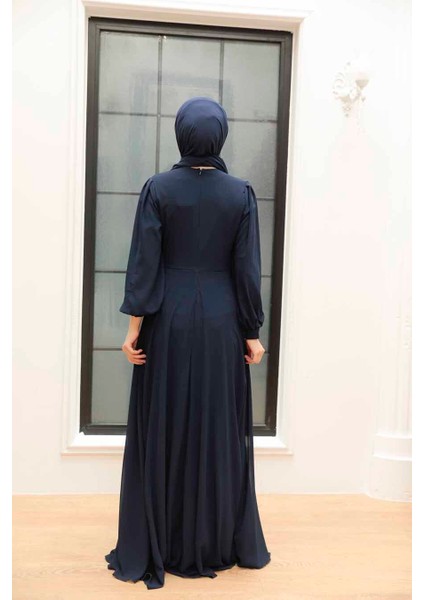 Dantel Detaylı Lacivert Tesettür Abiye Elbise 3435L fiyatları