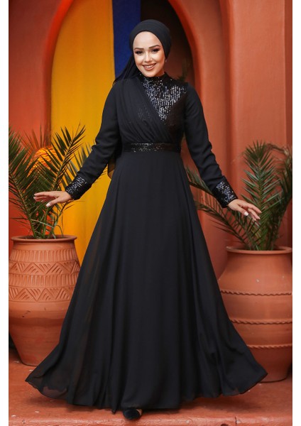 Tesettürlü Abiye Elbise - Pul Payet Işlemeli Siyah Tesettür Abiye Elbise 5793S