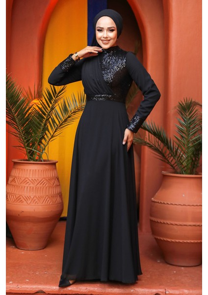 Tesettürlü Abiye Elbise - Pul Payet Işlemeli Siyah Tesettür Abiye Elbise 5793S fiyatları