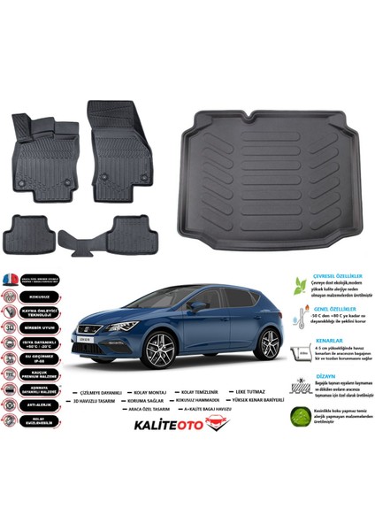 Seat Leon 2012-2020 3D Bagaj Havuzu+3d Araca Özel Paspas Takımı Birebir Uyumlu