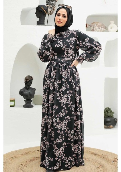 Çiçek Desenli Siyah Tesettür Elbise 56830S