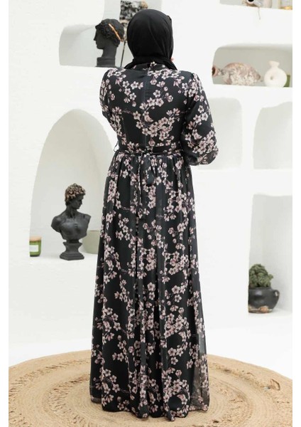 Çiçek Desenli Siyah Tesettür Elbise 56830S fiyatları