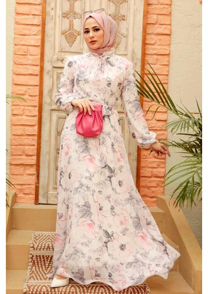 - Çiçek Desenli Ekru Tesettür Elbise 279019E