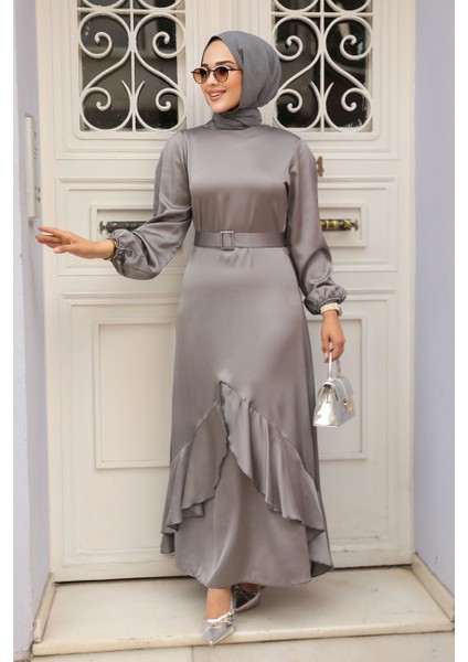 Volanlı Gri Tesettür Abiye Elbise 4566GR