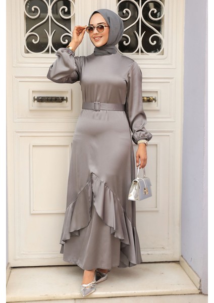 Volanlı Gri Tesettür Abiye Elbise 4566GR fiyatları