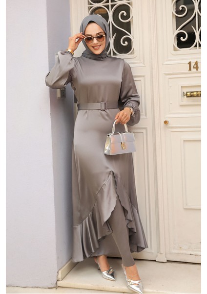 Volanlı Gri Tesettür Abiye Elbise 4566GR modelleri