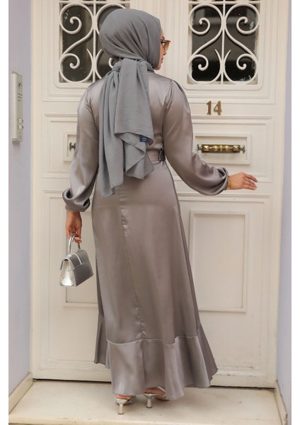 Volanlı Gri Tesettür Abiye Elbise 4566GR fırsatları