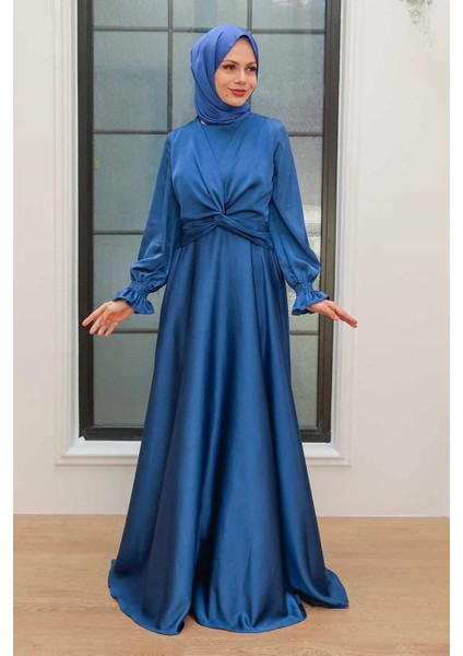 Tesettürlü Abiye Elbise - Krep Saten Indigo Mavisi Tesettür Abiye Elbise 3389IM