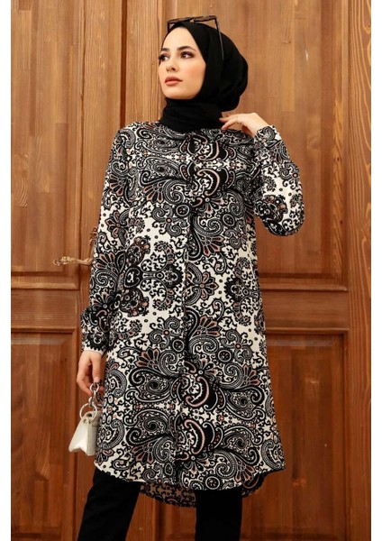 - Desenli Siyah Tesettür Viskon Tunik 11524S