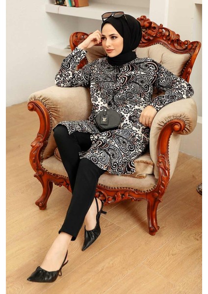 - Desenli Siyah Tesettür Viskon Tunik 11524S fiyatları