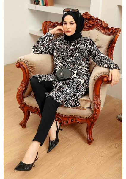 - Desenli Siyah Tesettür Viskon Tunik 11524S modelleri