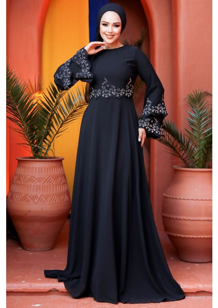 Tesettürlü Abiye Elbise - Boncuk Işlemeli Siyah Tesettür Abiye Elbise 9181S