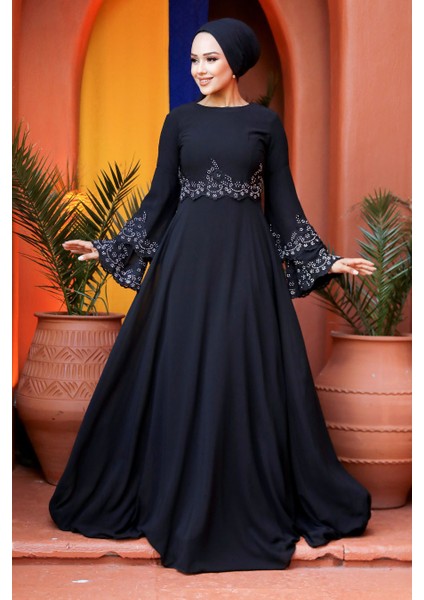 Tesettürlü Abiye Elbise - Boncuk Işlemeli Siyah Tesettür Abiye Elbise 9181S fiyatları