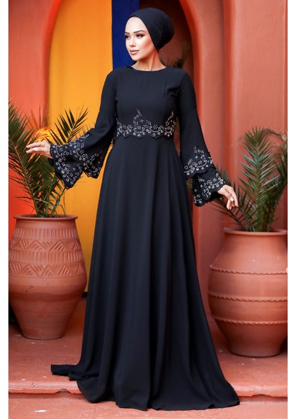 Tesettürlü Abiye Elbise - Boncuk Işlemeli Siyah Tesettür Abiye Elbise 9181S modelleri