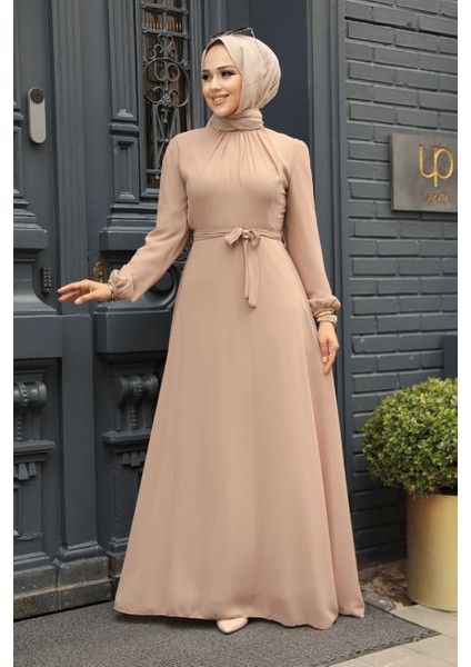 Kemerli Vizon Tesettür Elbise 27922V