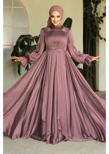 Balon Kol Kahverengi Tesettür Abiye Elbise 21910KH