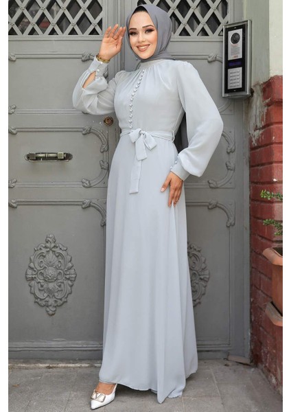 Düğme Detaylı Gri Tesettür Elbise 2703GR