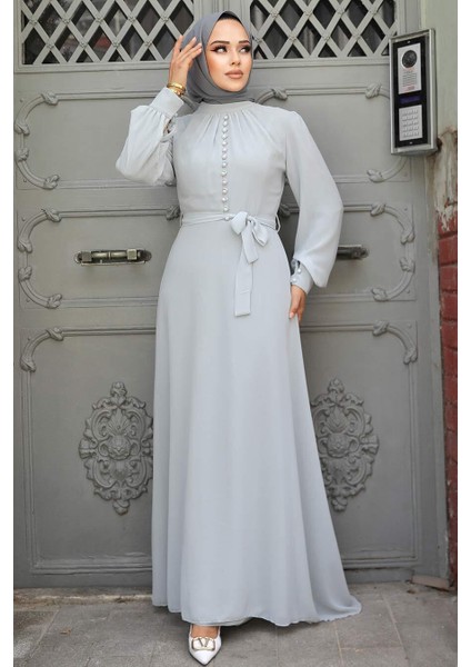 Düğme Detaylı Gri Tesettür Elbise 2703GR fiyatları