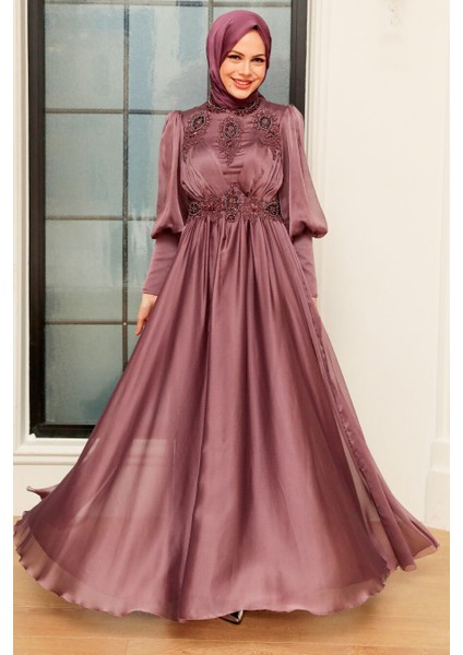 Boncuk İşlemeli Koyu Gül Kurusu Tesettür Abiye Elbise 22101KGK