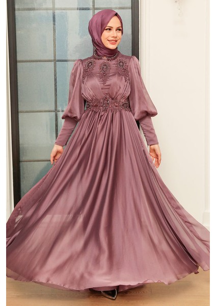 Boncuk İşlemeli Koyu Gül Kurusu Tesettür Abiye Elbise 22101KGK fiyatları