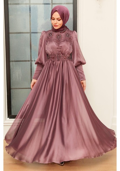 Boncuk İşlemeli Koyu Gül Kurusu Tesettür Abiye Elbise 22101KGK modelleri