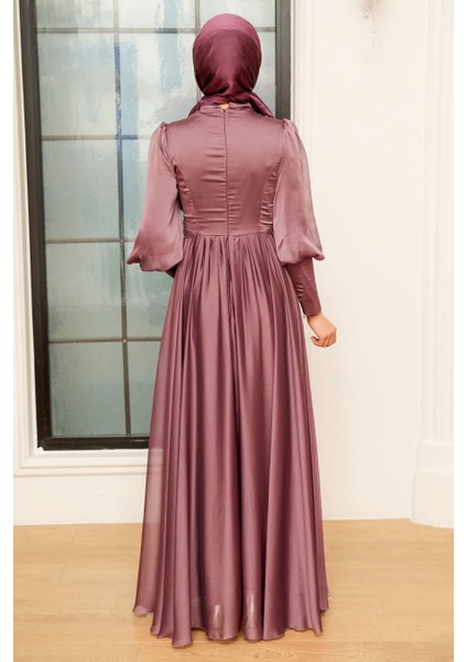 Boncuk İşlemeli Koyu Gül Kurusu Tesettür Abiye Elbise 22101KGK fırsatları