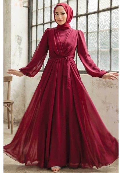 - Balon Kol Borrdo Tesettür Elbise 5796BR
