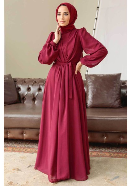 - Balon Kol Borrdo Tesettür Elbise 5796BR modelleri