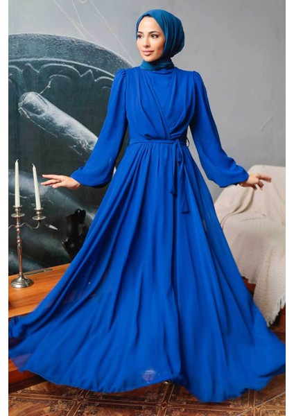 - Balon Kol Sax Mavisi Tesettür Elbise 5796SX