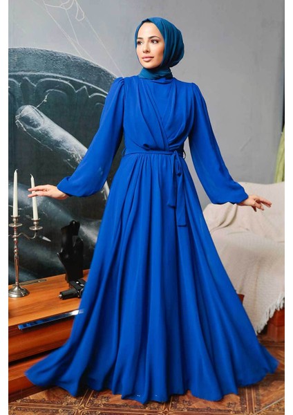 - Balon Kol Sax Mavisi Tesettür Elbise 5796SX fiyatları