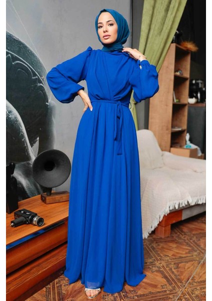 - Balon Kol Sax Mavisi Tesettür Elbise 5796SX modelleri