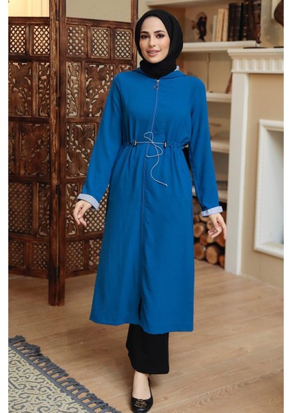 - Kapşonlu Indigo Mavisi Tesettür Kap 5721IM