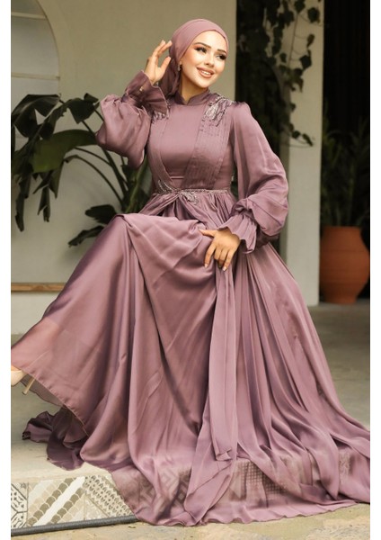 Balon Kol Kahverengi Tesettür Abiye Elbise 21910KH fiyatları