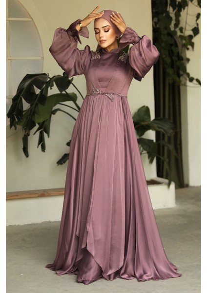 Balon Kol Kahverengi Tesettür Abiye Elbise 21910KH modelleri