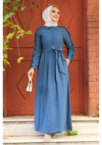 Kolları Fırfır Detaylı İndigo Mavisi Tesettür Elbise 3434IM