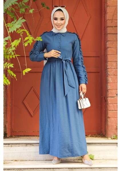 Kolları Fırfır Detaylı İndigo Mavisi Tesettür Elbise 3434IM fiyatları