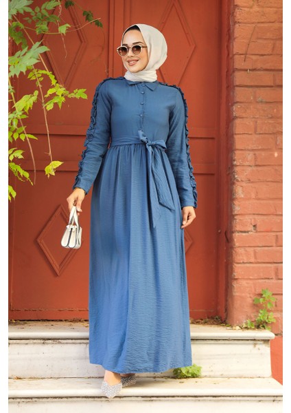 Kolları Fırfır Detaylı İndigo Mavisi Tesettür Elbise 3434IM modelleri