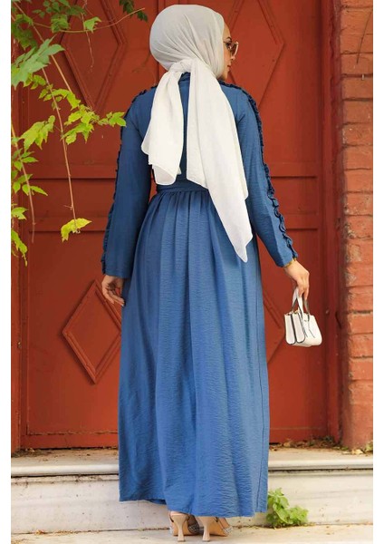 Kolları Fırfır Detaylı İndigo Mavisi Tesettür Elbise 3434IM fırsatları