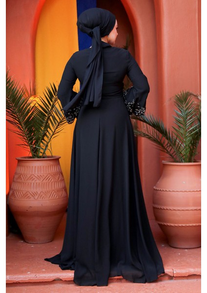 Tesettürlü Abiye Elbise - Boncuk Işlemeli Siyah Tesettür Abiye Elbise 9181S fırsatları