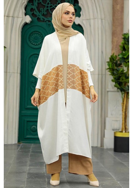 - Blok Desenli Camel Tesettür Kimono 8664C