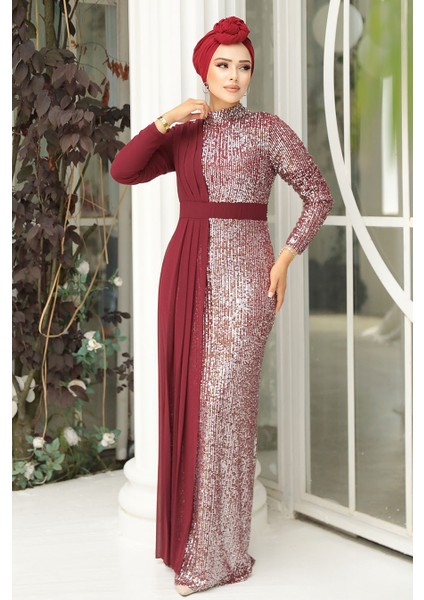 Tesettürlü Abiye Elbise - Pul Payetli Bordo Tesettür Abiye Elbise 25851BR