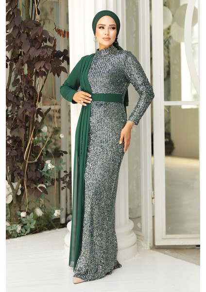 Tesettürlü Abiye Elbise - Pul Payetli Zümrüt Yeşili Tesettür Abiye Elbise 25851ZY
