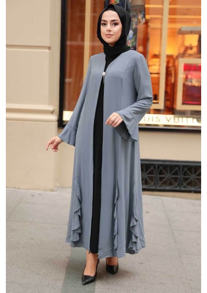 Fırfır Detaylı Gri Tesettür Abaya 1535GR