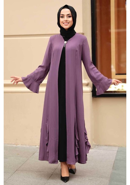 - Fırfır Detaylı Gül Kurusu Tesettür Abaya 1535GK