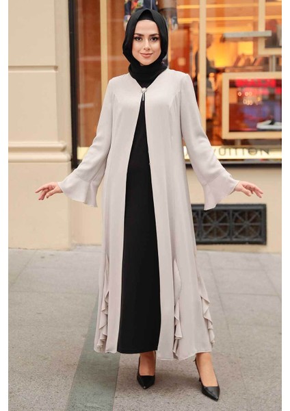 - Fırfır Detaylı Bej Tesettür Abaya 1535BEJ