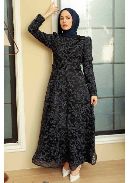 Tesettürlü Abiye Elbise - Dantelli Siyah Tesettür Abiye Elbise 3330S