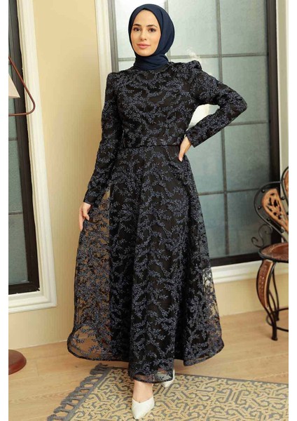 Tesettürlü Abiye Elbise - Dantelli Siyah Tesettür Abiye Elbise 3330S fiyatları