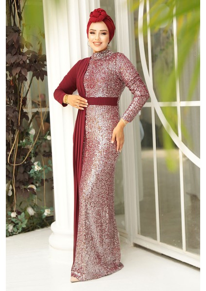 Tesettürlü Abiye Elbise - Pul Payetli Bordo Tesettür Abiye Elbise 25851BR fiyatları