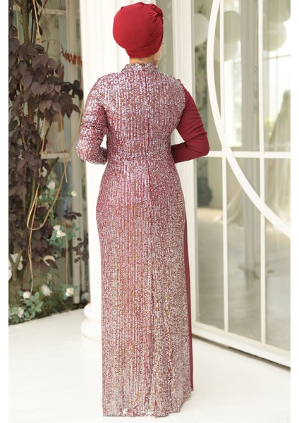 Tesettürlü Abiye Elbise - Pul Payetli Bordo Tesettür Abiye Elbise 25851BR fırsatları